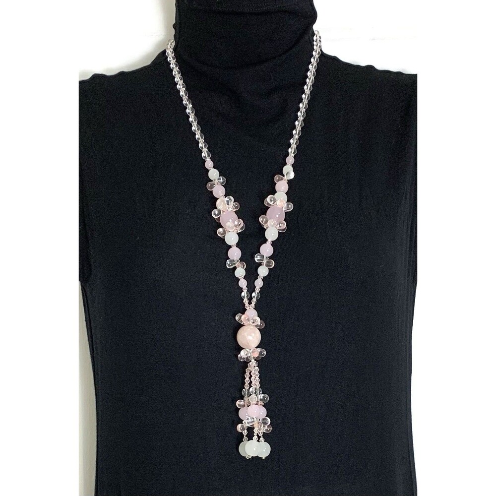 Pink Beaded Necklace Y Style Tasseled Light Pink